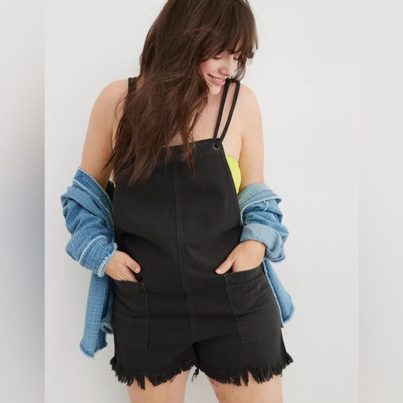 Aerie Black Distressed Denim Double Strap Shortall - Picture 1 of 6